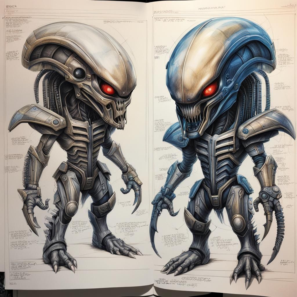 Chibi Predator Xenomorph Technical Blueprint, Colored Pencil...