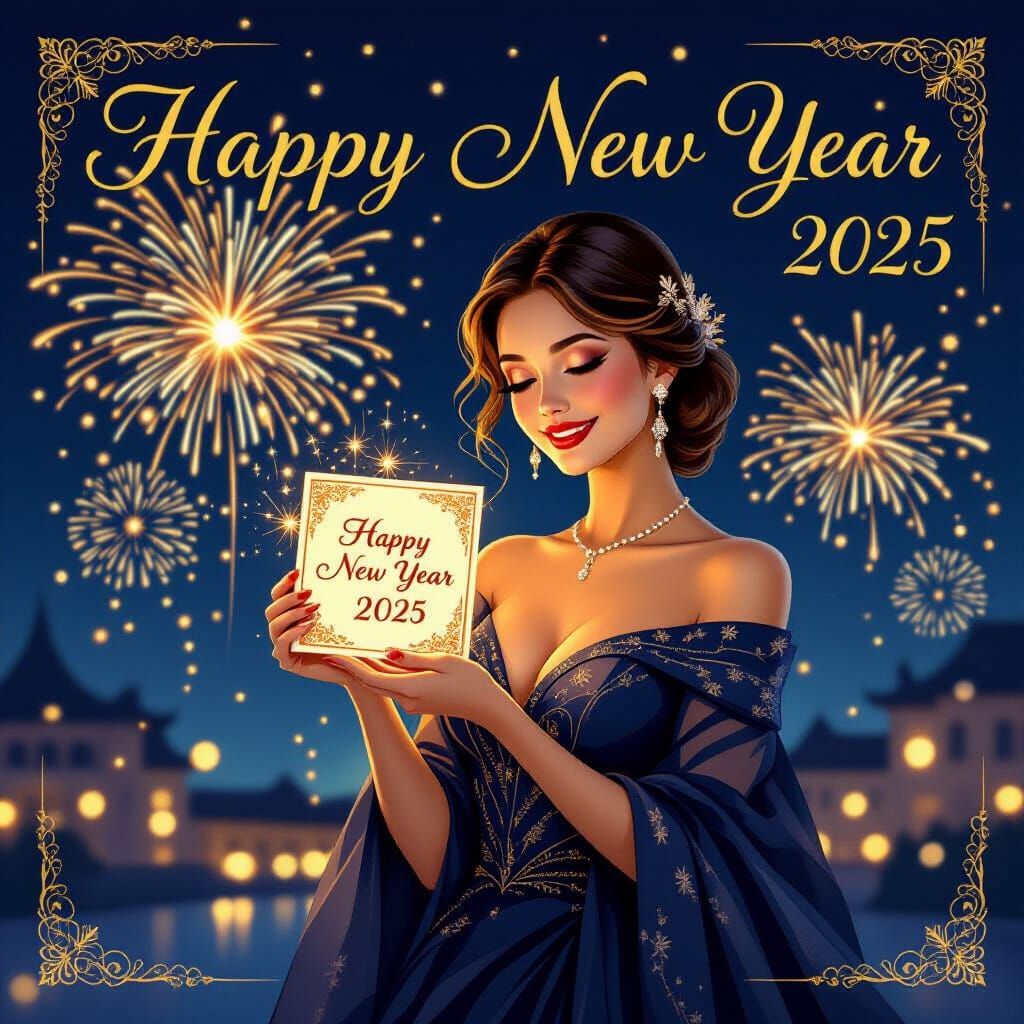 Festive New Year Card with Fireworks in Digital Art Style