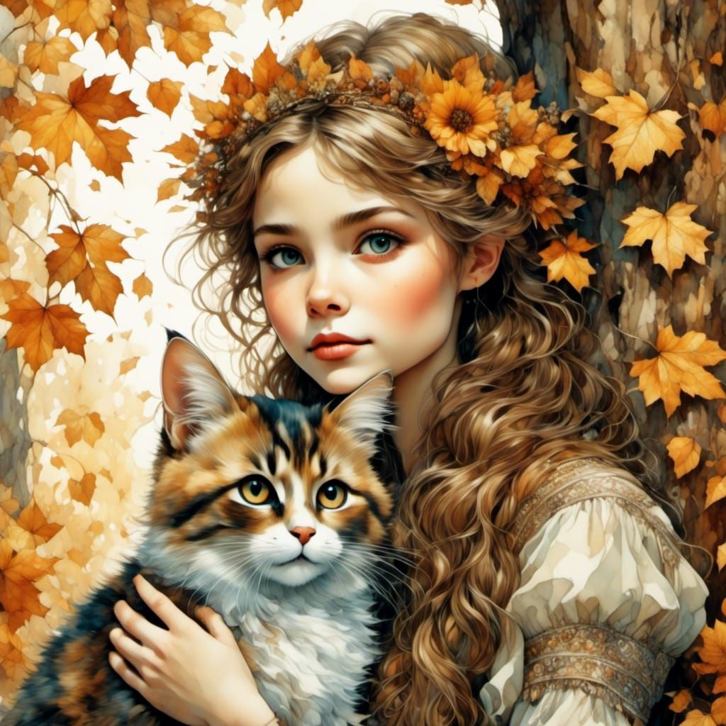 Smiling Woman with Cat in Autumn Woods