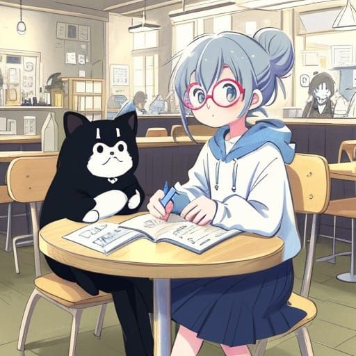 Anime Girl Sketching at Cafe in Manga Style
