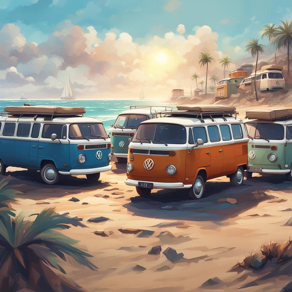 Volkswagen Vans at Beach: Hyperdetailed Art Portrait