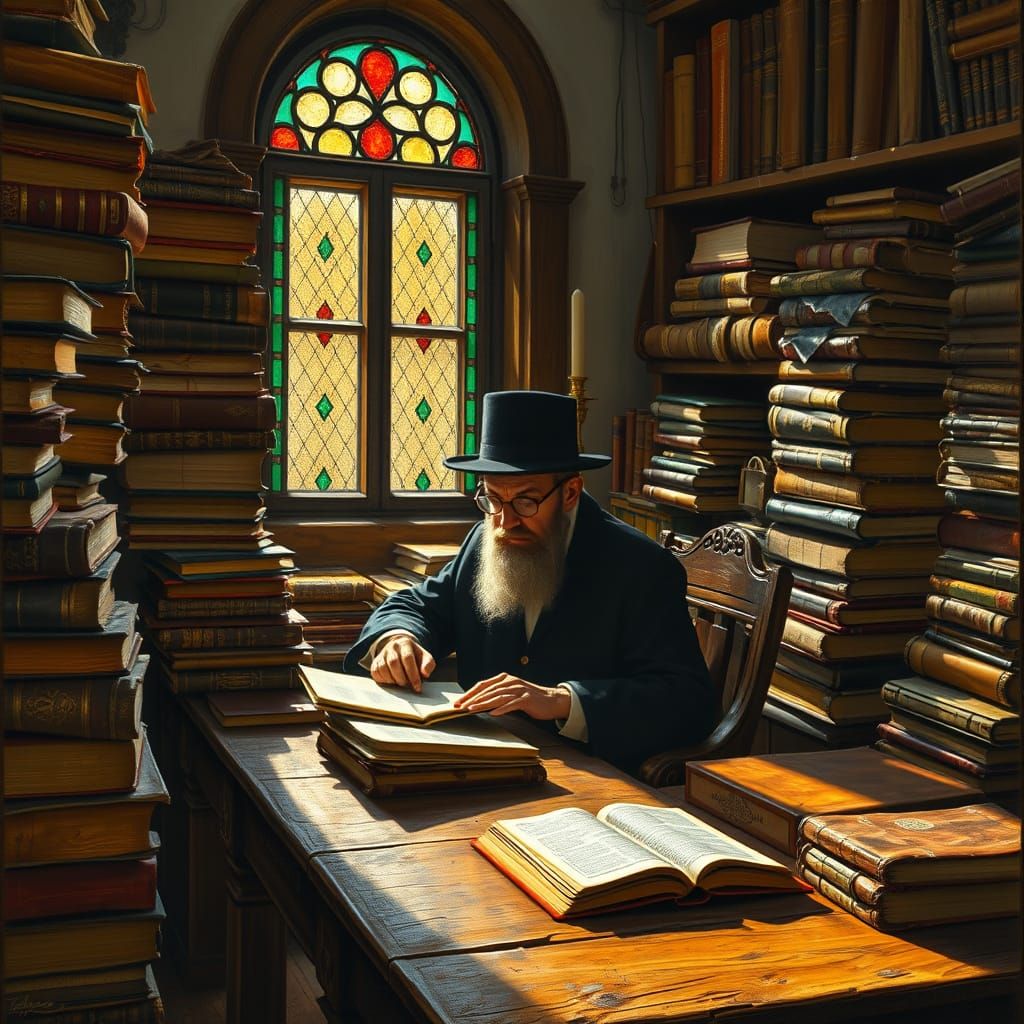 Orthodox Scholar in Sun-Drenched Study, Oil Painting Style