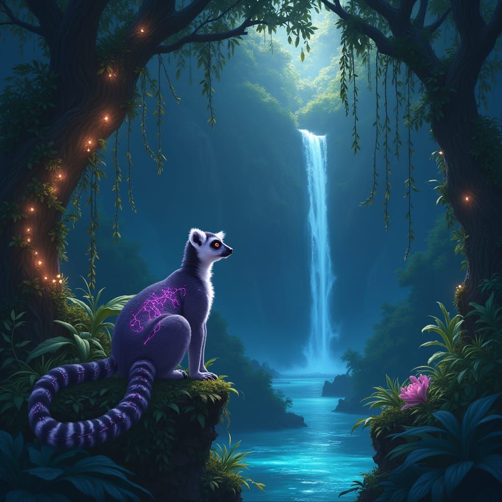 Bioluminescent Lemur in Ancient Jungle, Magical Lighting