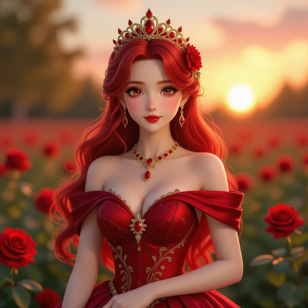 Red-Haired Princess in Ruby Dress, Anime Art Style