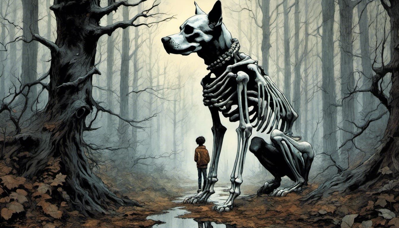 Haunted Forest Scene with Skeleton Dog, Digital Art