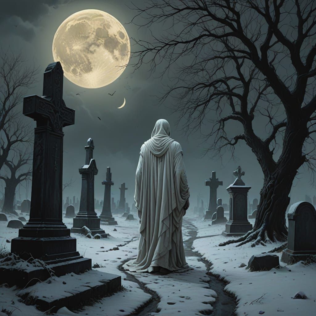 Ethereal Ghost in Haunted Snowy Cemetery
