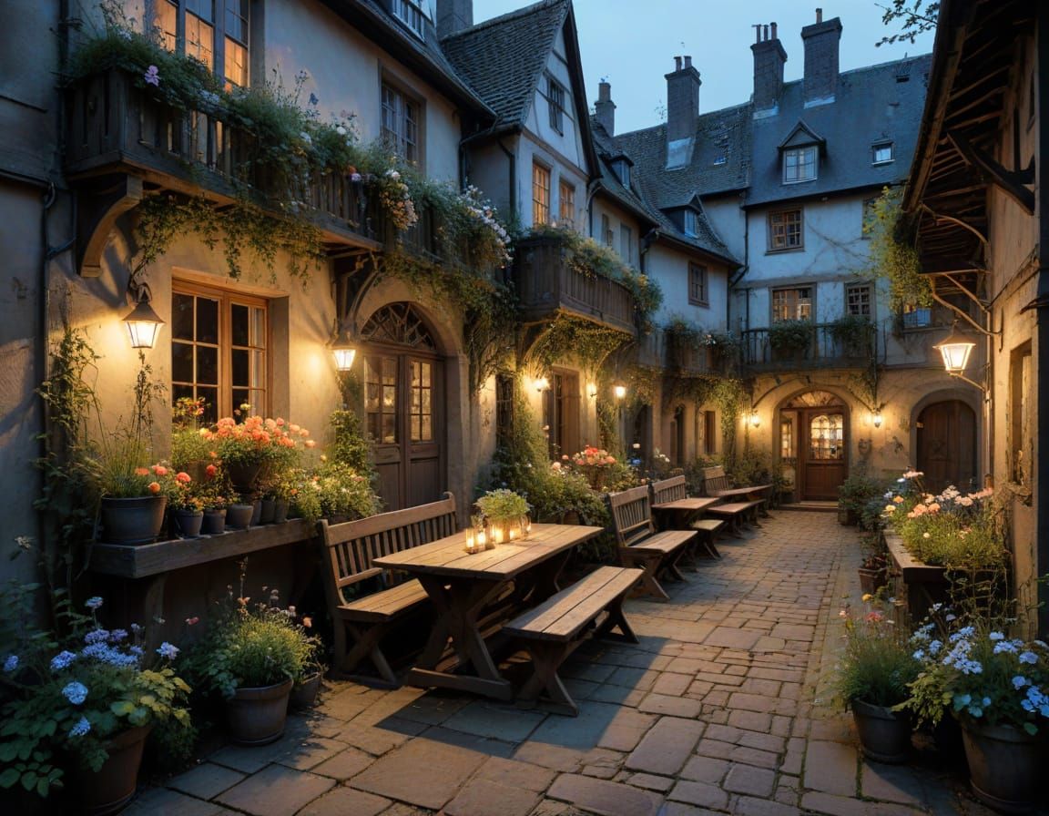 Whimsical German Courtyard Scene in Deep, Mysterious Colors