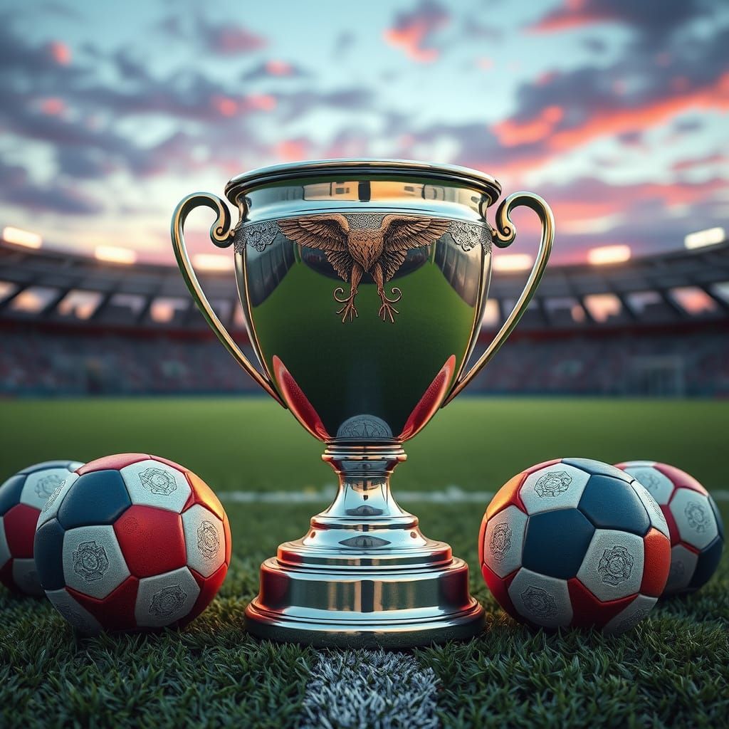 Silver Trophy Surrounded by Vibrant Footballs at Sunset