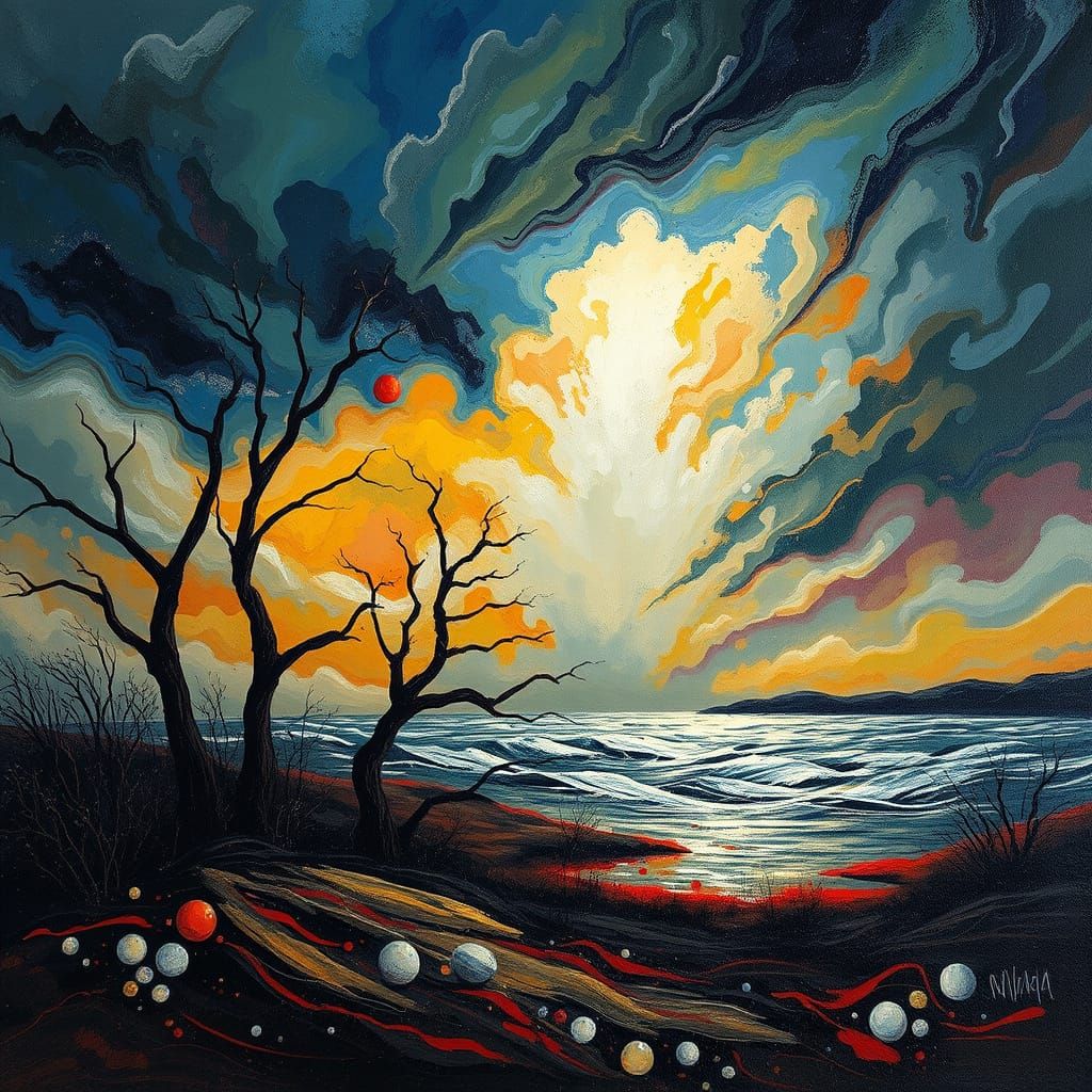 Desolate Landscape Under Stormy Sky in Abstract Expressionis...