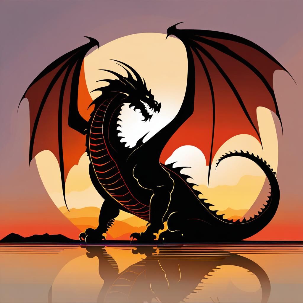 Minimalist Dragon Sunset: Stylized Woodcut Art