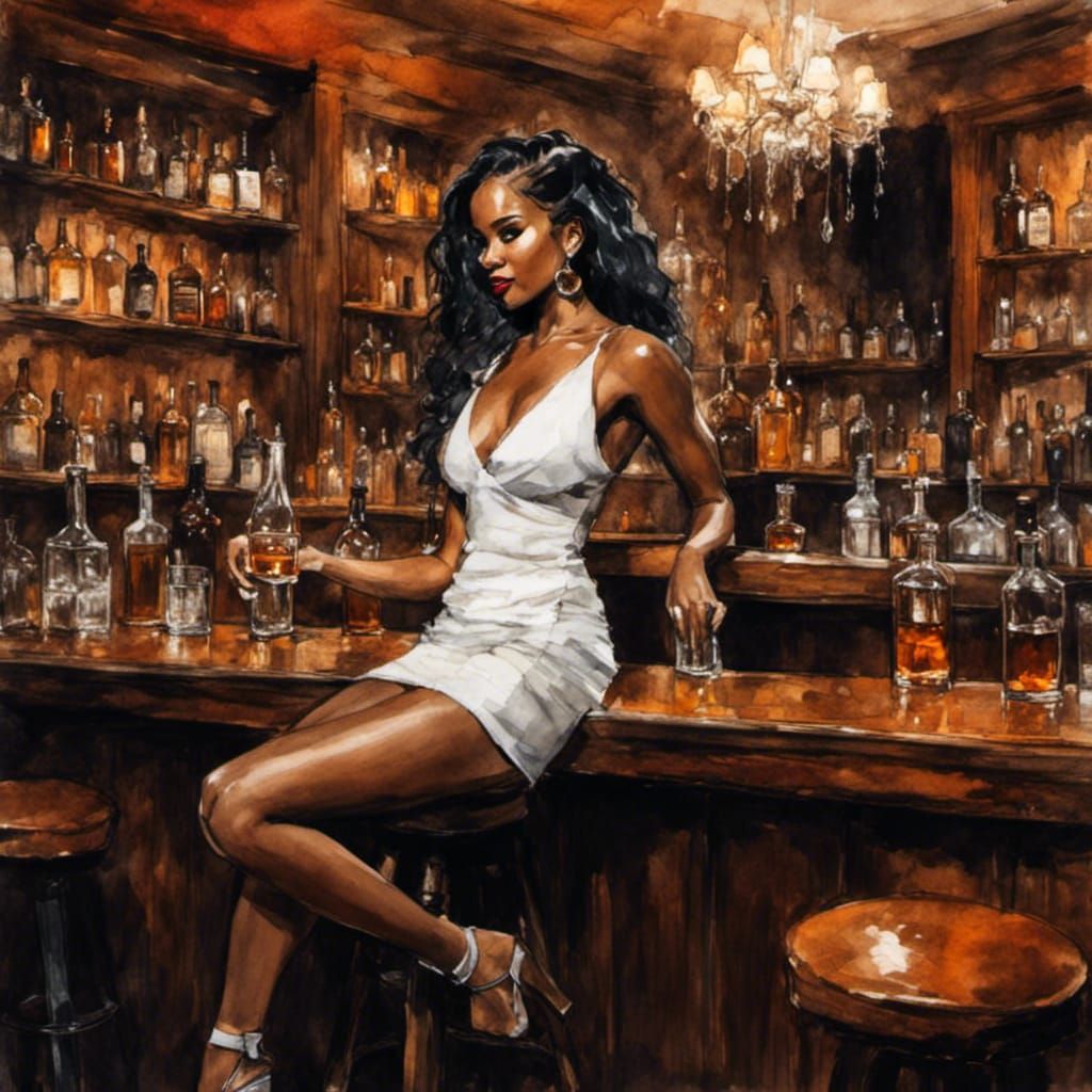 Woman at a Smoky Bar with Whiskey