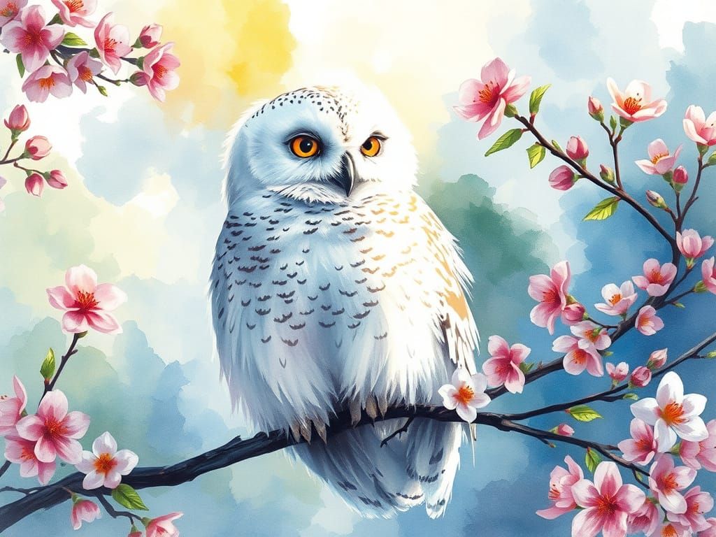 Delicate Watercolor Snow Owl Amidst Vibrant Spring Florals