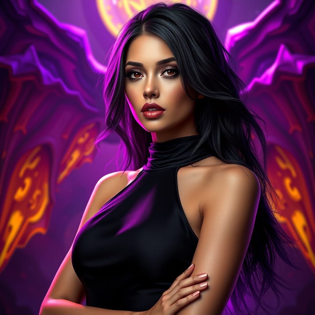 A striking portrait of a confident woman in a sleek black dress, featuring smooth lines and a glamorous aesthetic. Her b...