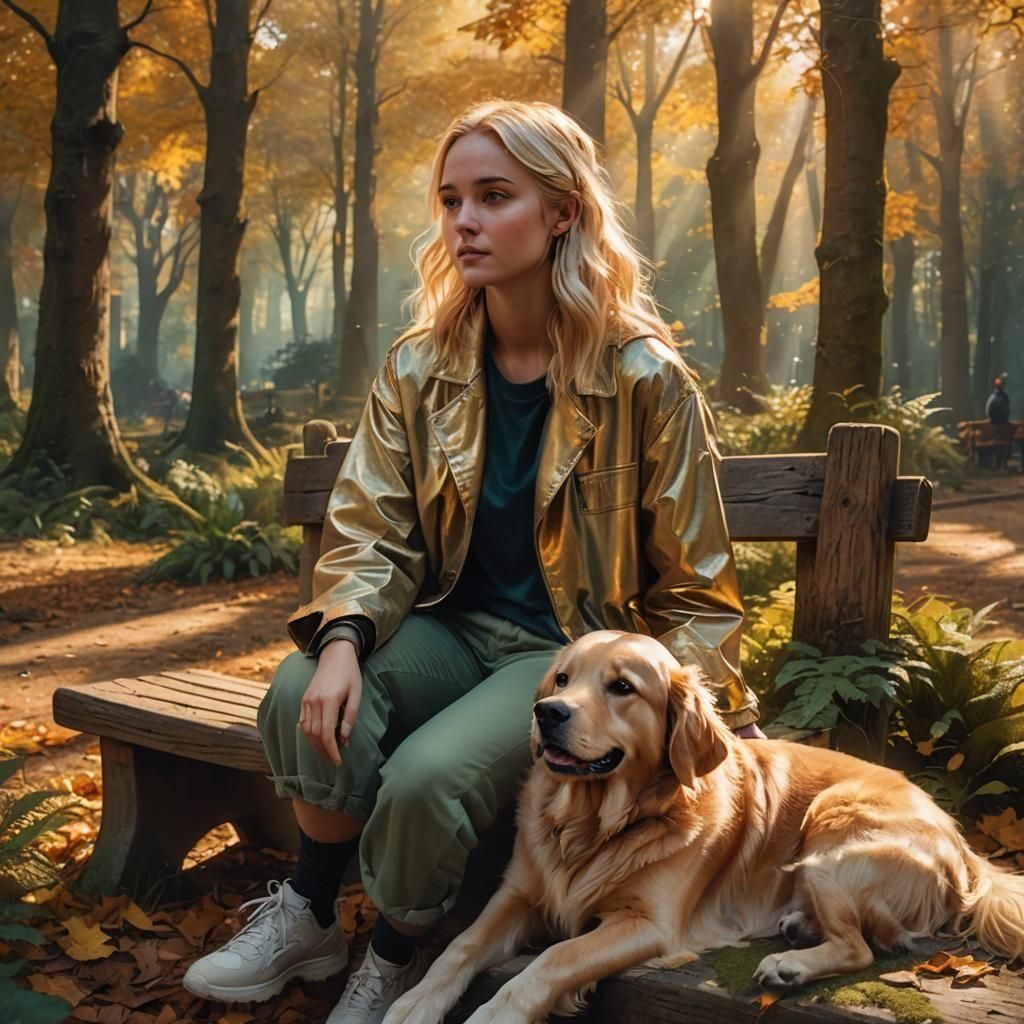 Girl and Golden Retriever in Forest, Detailed Painting