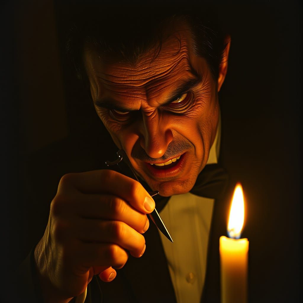 Menacing Shadow Figure Sharpens Razor in Golden Light