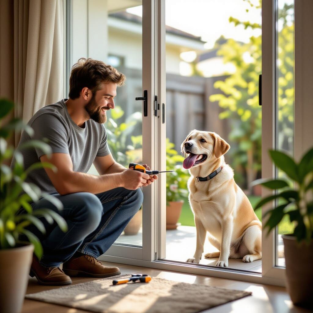 Man Installs Pet Door With Labrador Watching