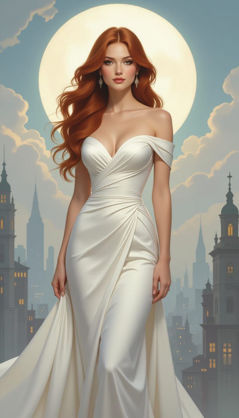 Ethereal Woman in Cityscape, Art Nouveau Style