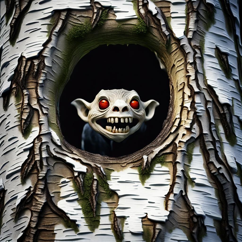 Creepy Inhuman Creature in Birch Tree