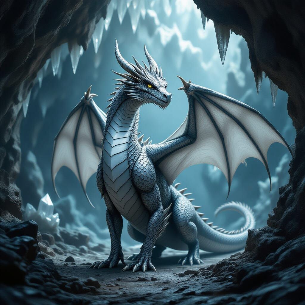 Silver Dragon in Crystal Cave, Photorealistic Style
