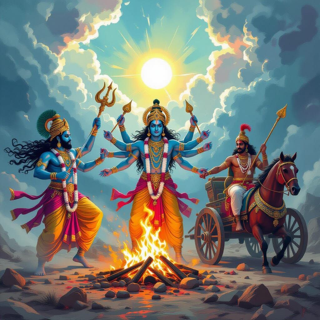 Vedic Deities in an Epic Mythological Scene