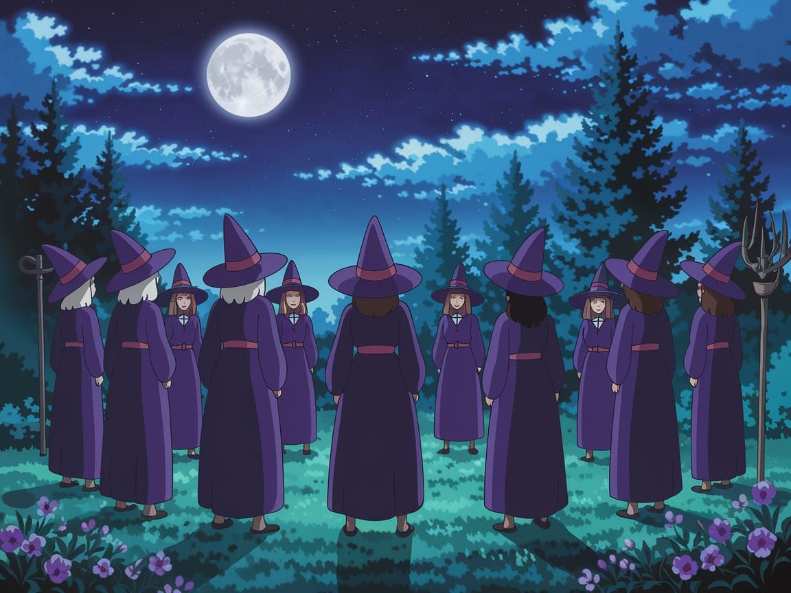 A gathering of witches standing in a circle at night under a...