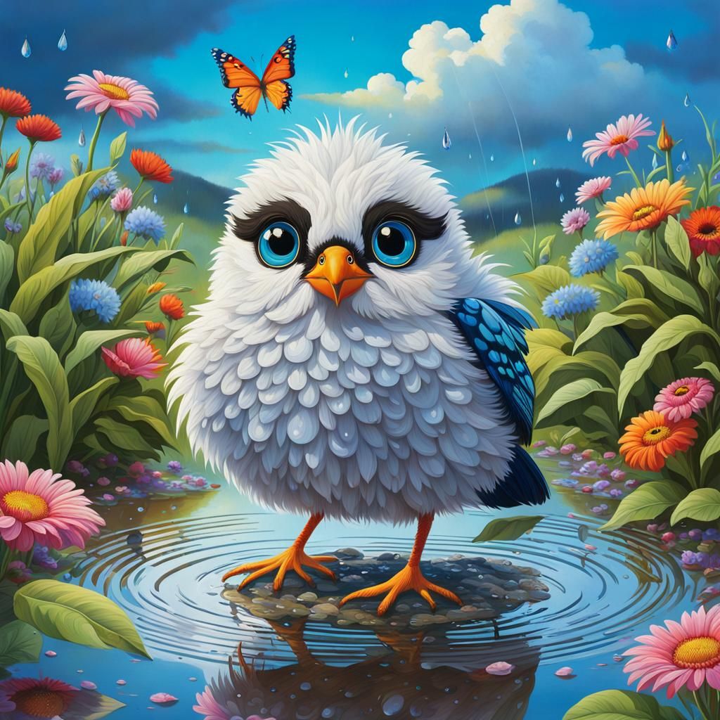A whimsical, fluffy, round bird with large, expressive eyes ...