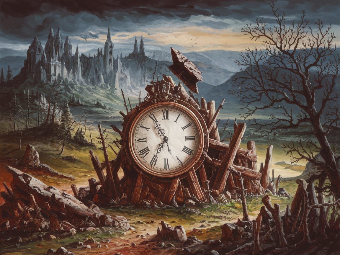 Apocalyptic Gothic Landscape with Broken Clock