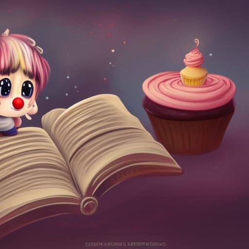 Chibi Cupcake Clown Reading Book, Detailed Digital Art