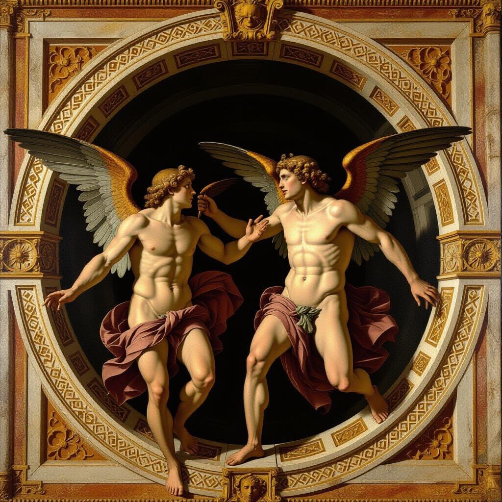 Icarus and Daedalus within the Labyrinth, Renaissance Fresco...