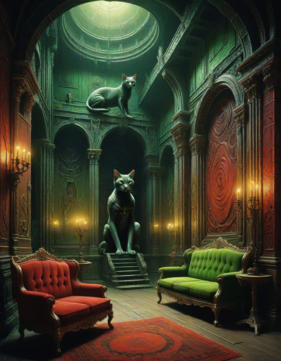 Mysterious Red Goddess Surrounded by Cats in a Haunting, Orn...