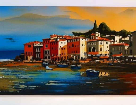 Italian Beach Town in Gouache Watercolor Style