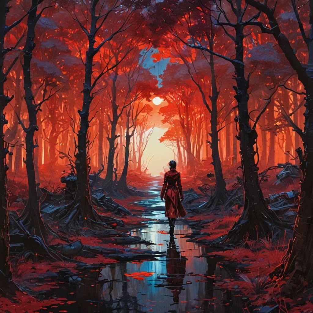 Scarlet Forest Utopia: A Gouache Painting in Maximalist Styl...