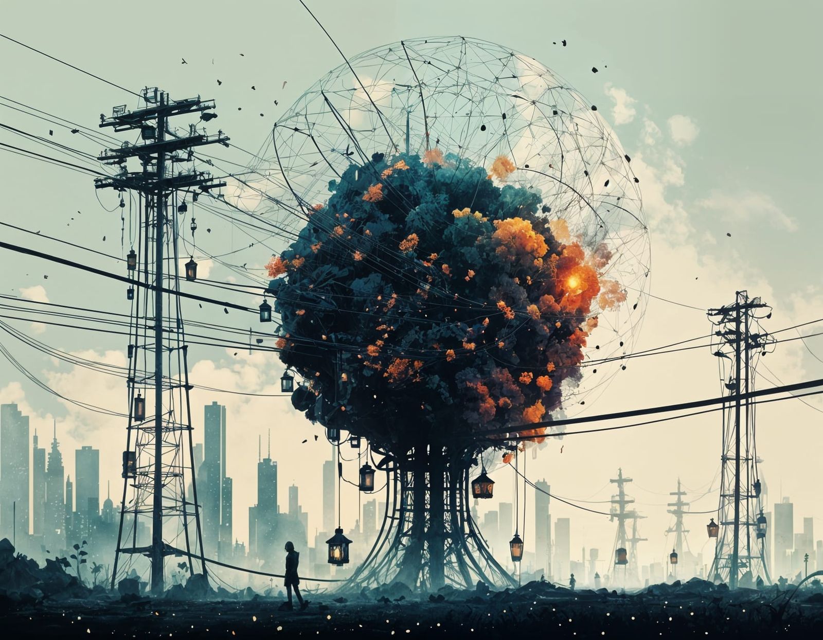 Cybernetic Cityscape in Ink on Paper