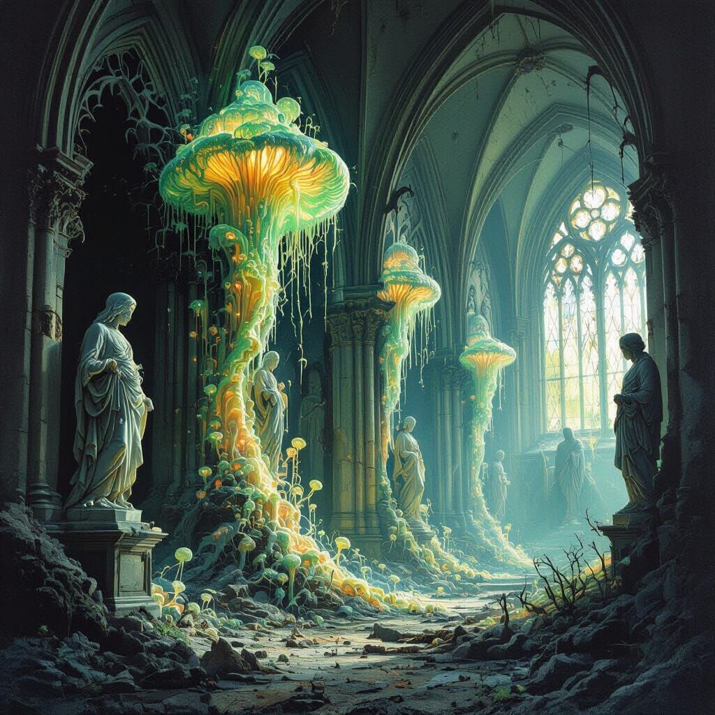 Gothic Cathedral Overrun by Bioluminescent Fungus