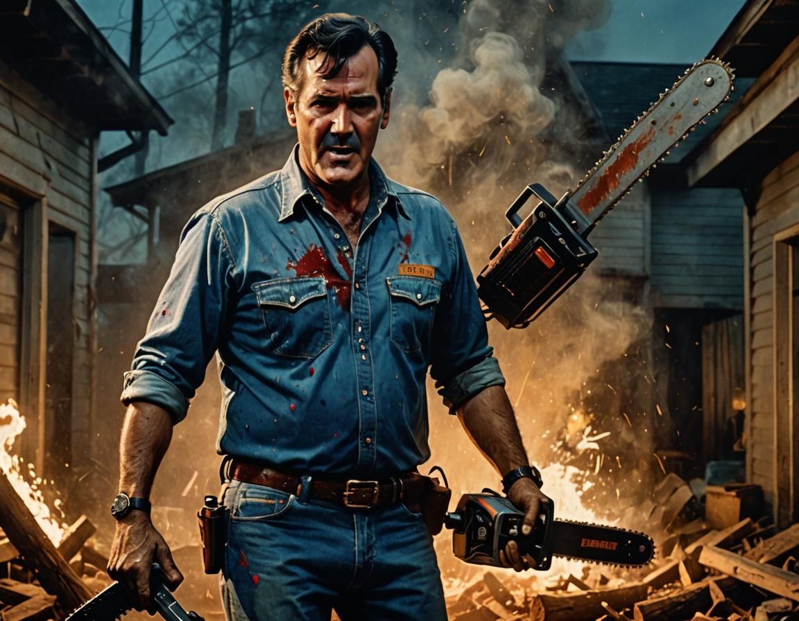 Bruce Campbell Chainsaw Splash Art in Film Noir Style