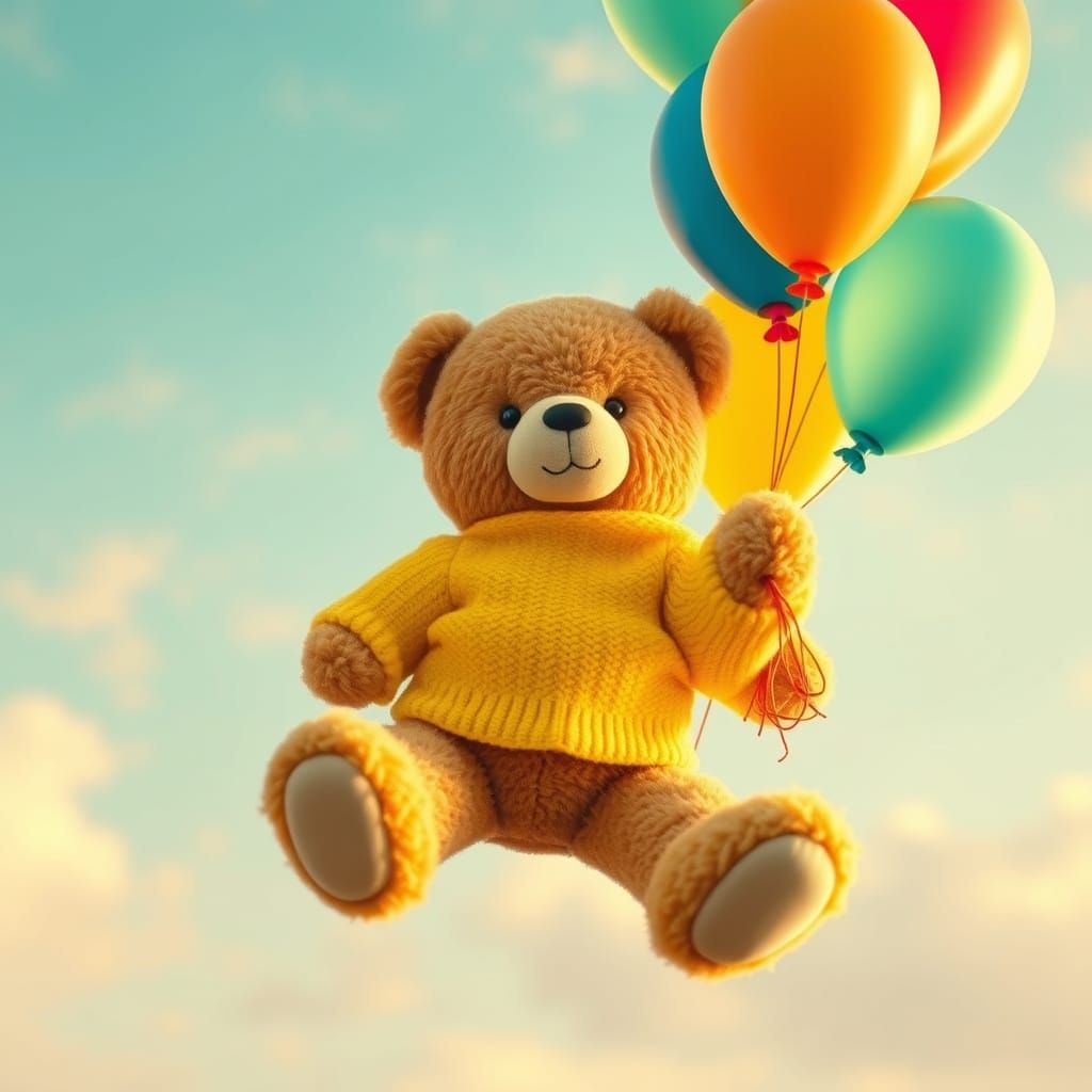Teddy Bear Floats in Pastel Sky with Balloons
