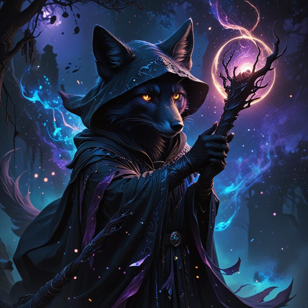 Mystical Black Wizard Fox in Dark Fantasy Art