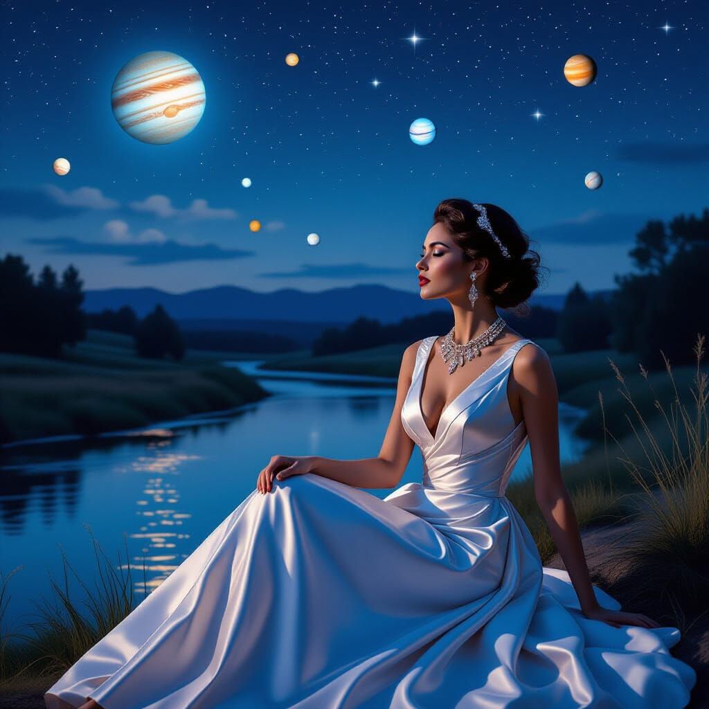 Woman in Pearl Dress Observes Planets at Night
