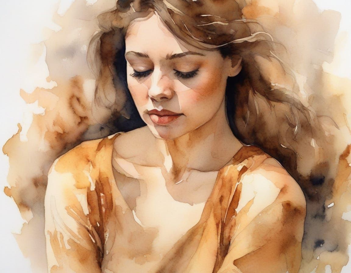 Watercolor Portrait of a Woman in Golden Light