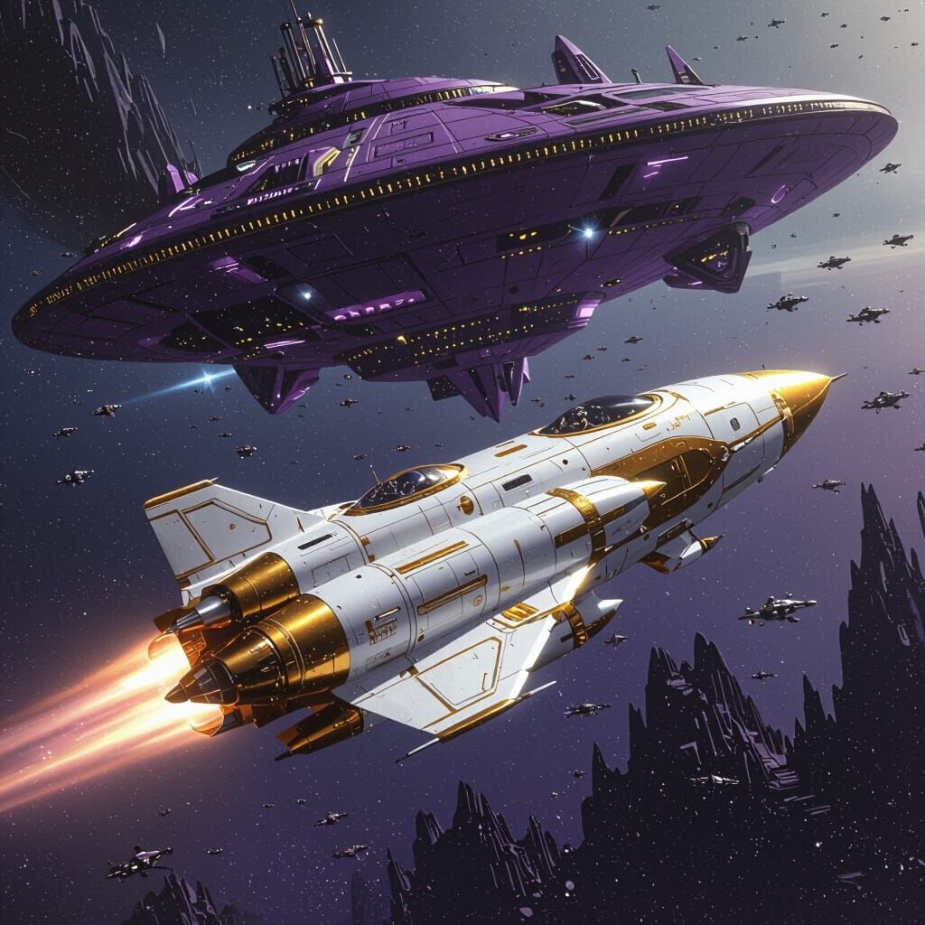 Steampunk Rocket Approaches Alien Mothership in Deep Space