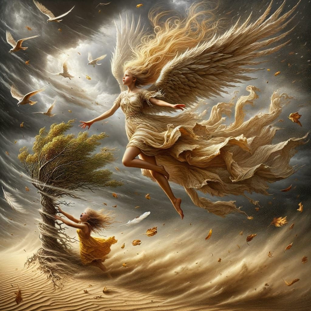 Angel Rescues Girl from Sandstorm in Maximalist Style