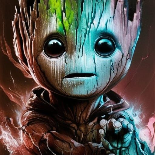 Adorable Baby Groot Portrait in Inkblot Style