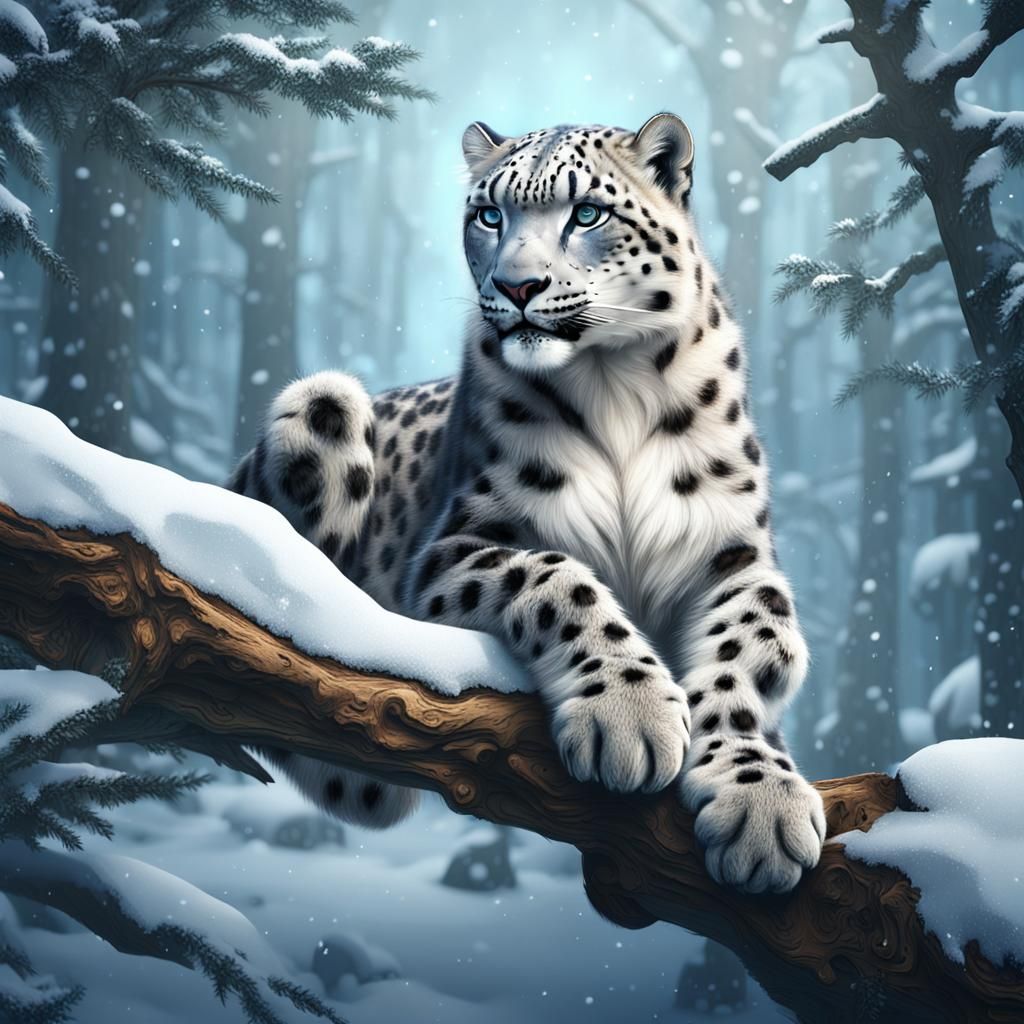 Snow Leopard in Snowy Forest, Detailed Matte Painting