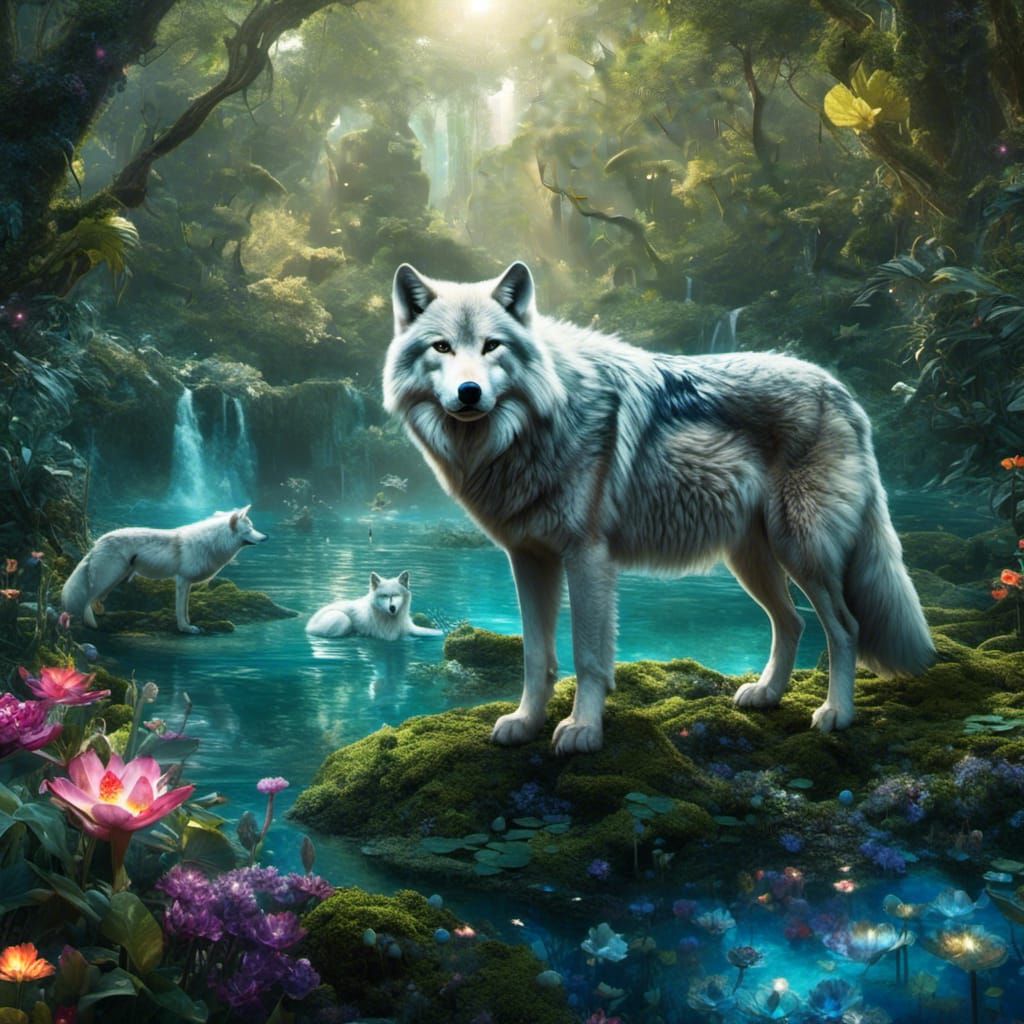 Mystical Water Garden Planet with Glitter Wolf Packs