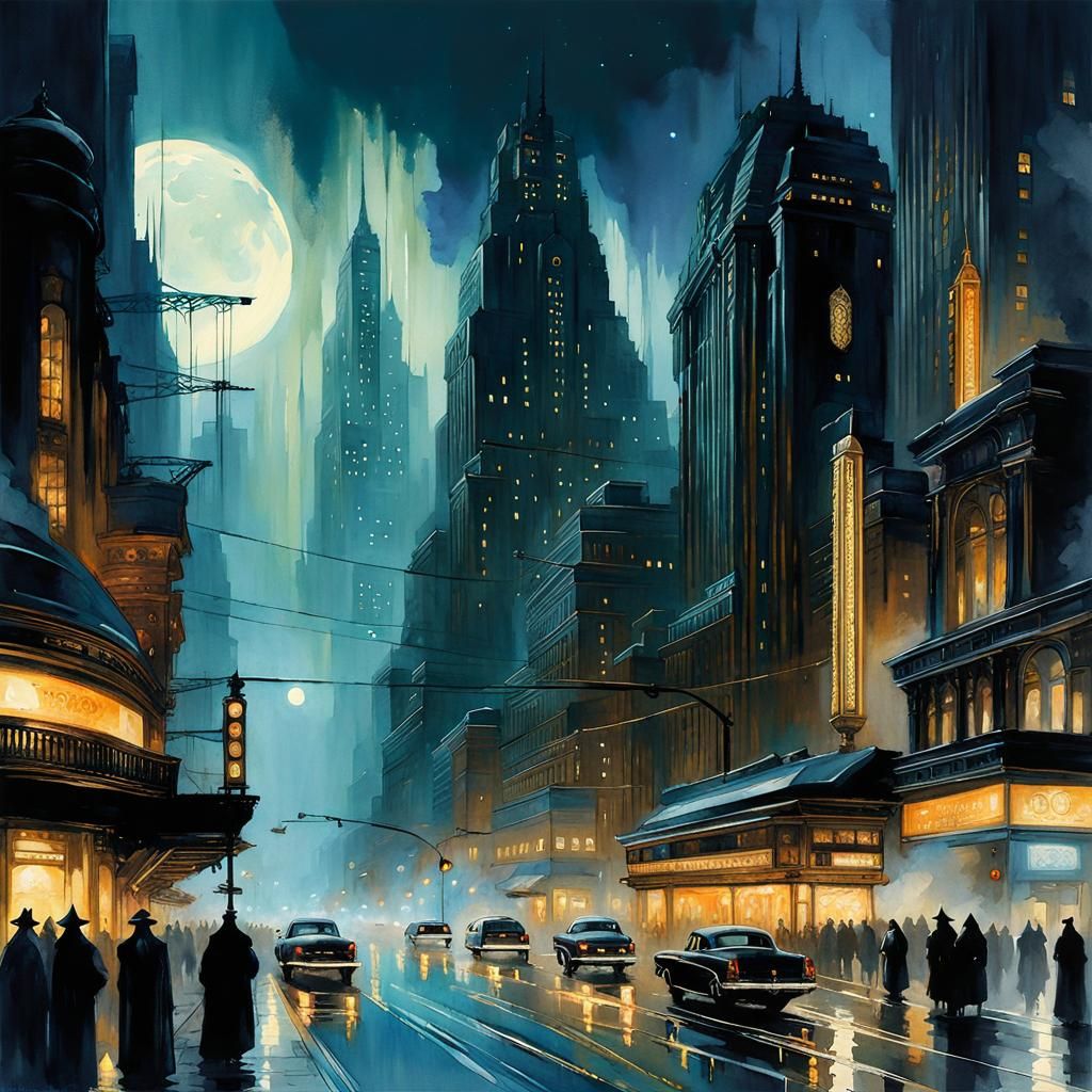 Futuristic City at Night in Watercolor Style