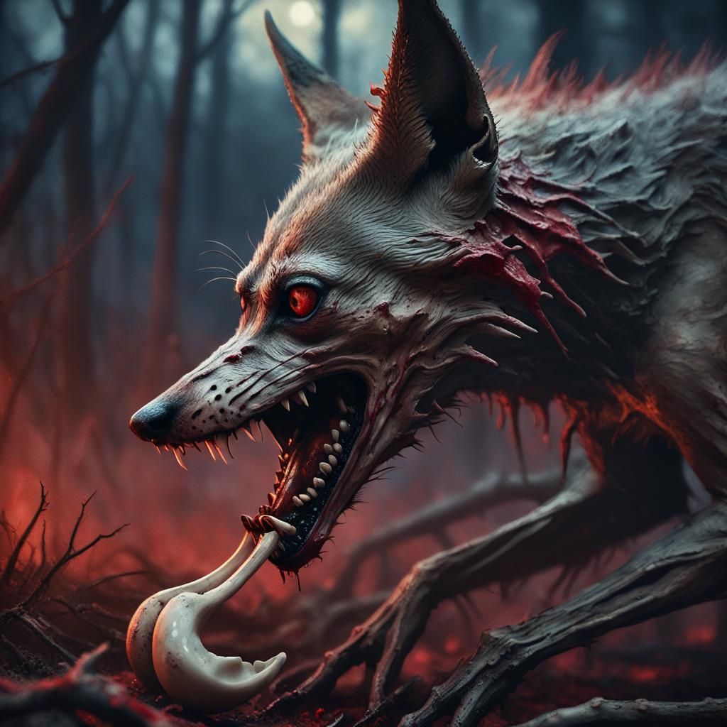 "Jackal beast feasts on (bone:1.3), decay, satanic putrid." Kodak Ektar with ZBrush renaissance painting; Wet brushed ch...