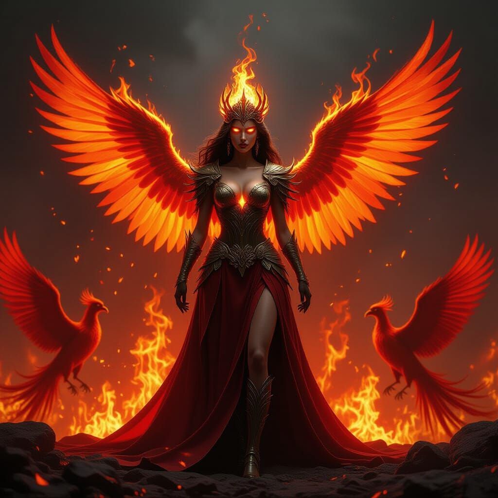 Queen Reborn From Flames With Blazing Phoenix Wings
