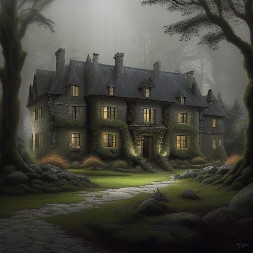 Gothic Manor Beside Ancient Forest in Autumn