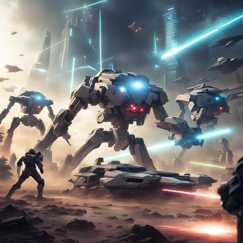 Futuristic Battle Scene with Lasers and Mechs