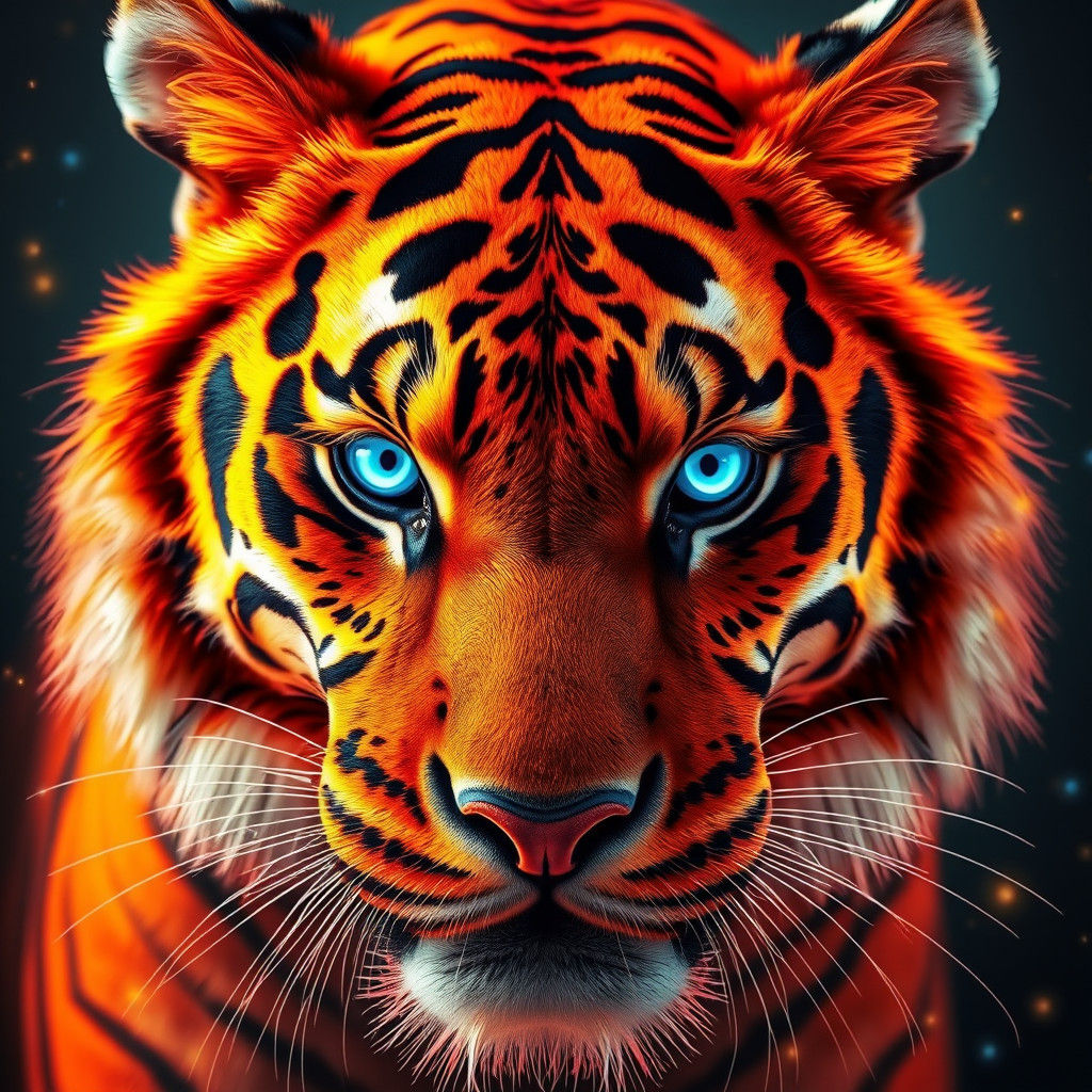 Bioluminescent Tiger Portrait with Cybernetic Stripes